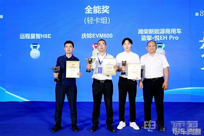 慶鈴EVM600純電動輕卡，一舉奪獲輕型貨廂組（輕卡組）全能金獎、最佳節能能力獎、最佳續航能力獎、最佳動力性能獎、最佳制動性能獎五項大獎。